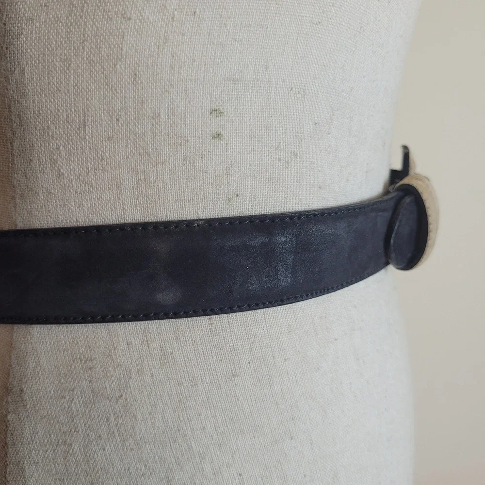Jaeger Belt 30 Black Nubuck Leather Square Buckle Colorblock 90s Retro Two Tone